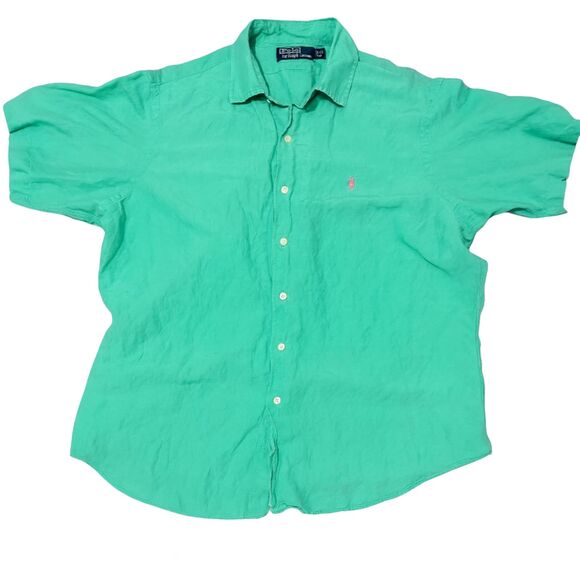 Polo Ralph Lauren Shirt XL Seafoam Green Linen Silk Button Down Resortwear - Picture 2 of 8